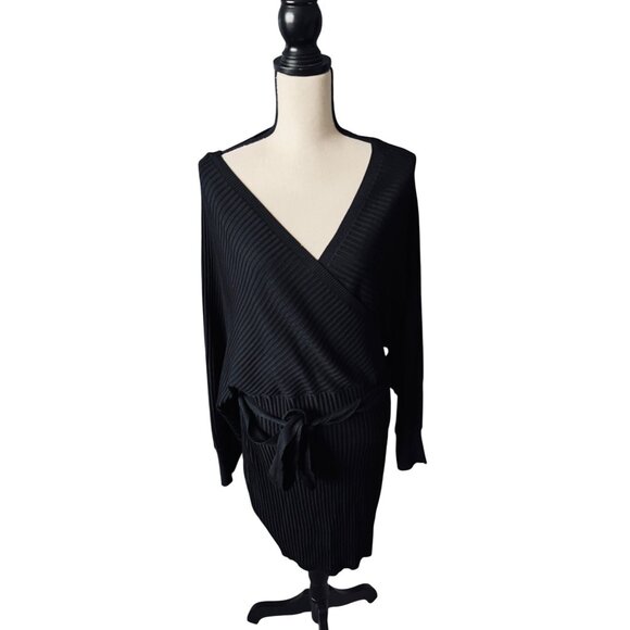 Love Tree Black Ribbed Knit Long Sleeve Mini Wrap Dress With Tie Waist & V-Neck - Picture 1 of 8